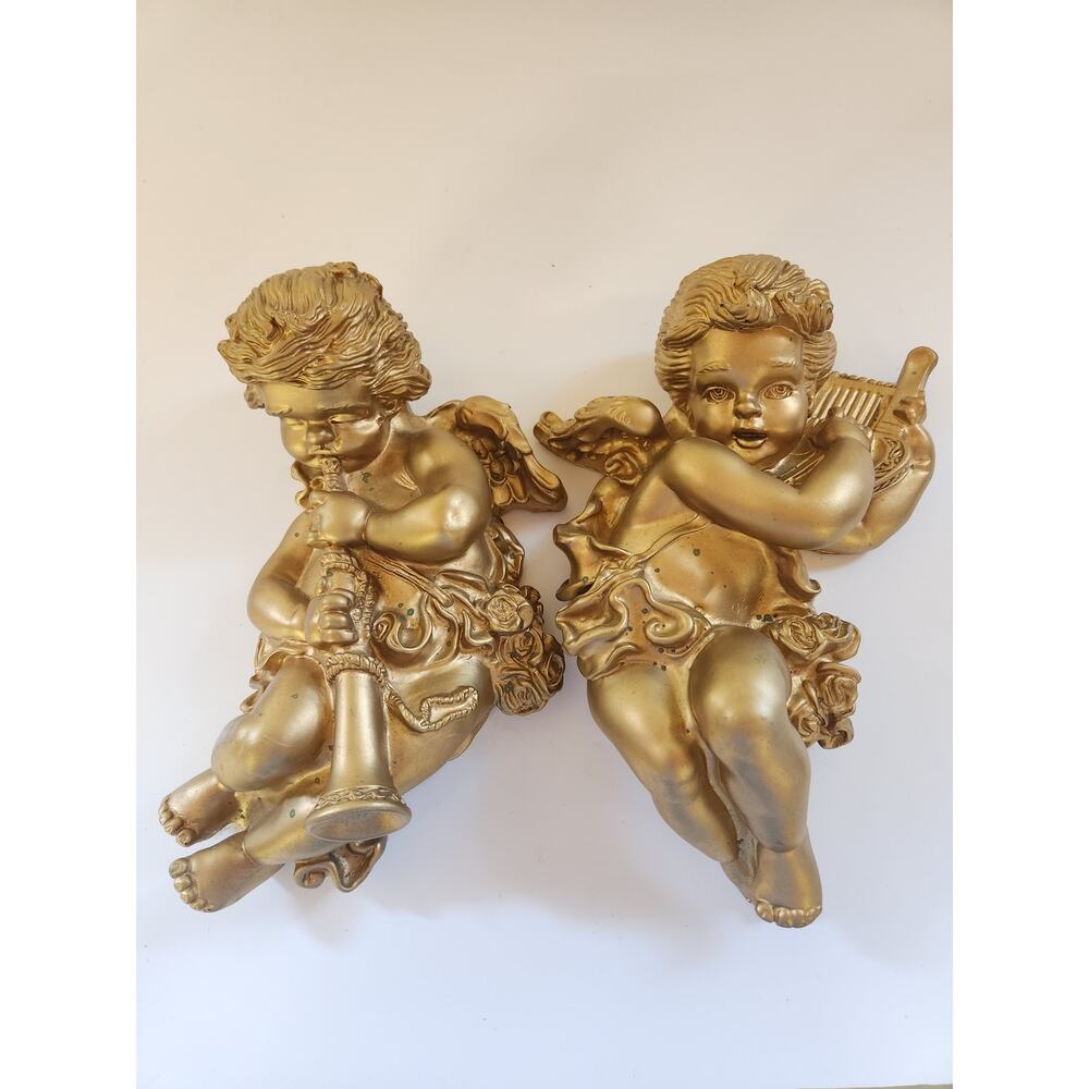 2 VTG MCM Resin GOLD Blow Mold Cherubs Angels 10.5” tall w/Musical Instruments